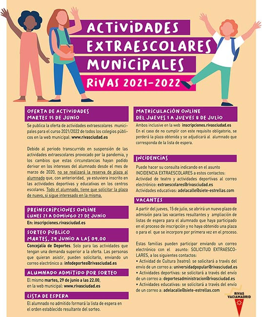 EL PLAZO PARA SOLICITAR LAS ACTIVIDADES EXTRAESCOLARES 2021-22, SERÁ DEL 21 AL 27 DE ESTE MES DE JUNIO.